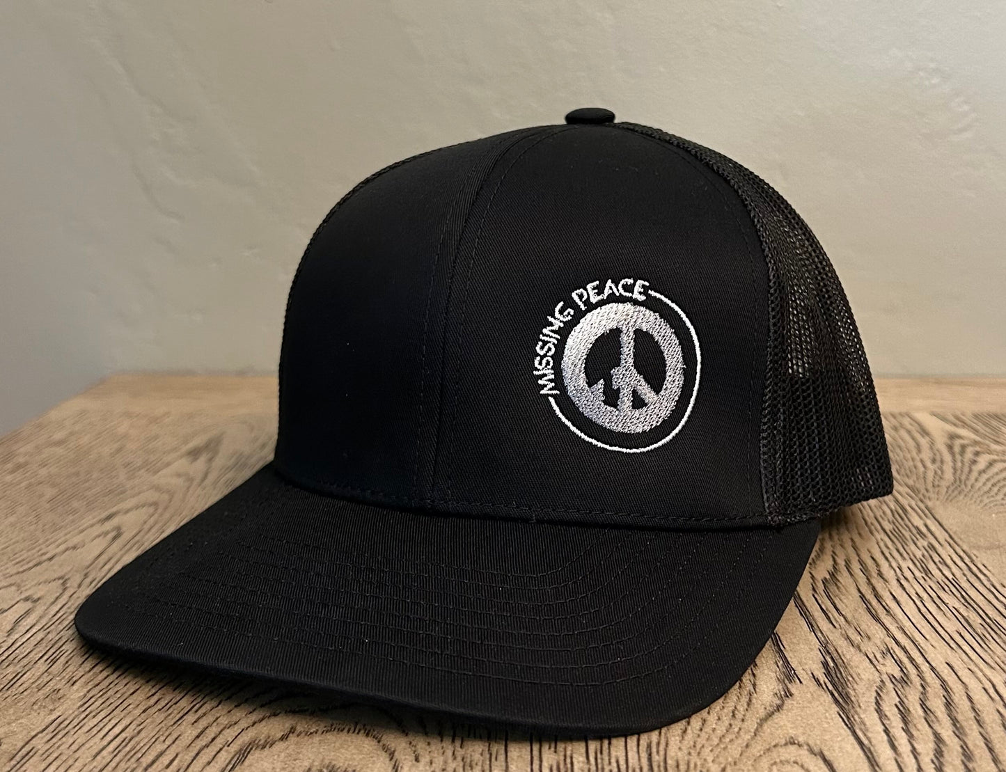 NEW ! BLACK and SILVER Embroidered Hat with Missing Peace logo -- Peace sign hat.