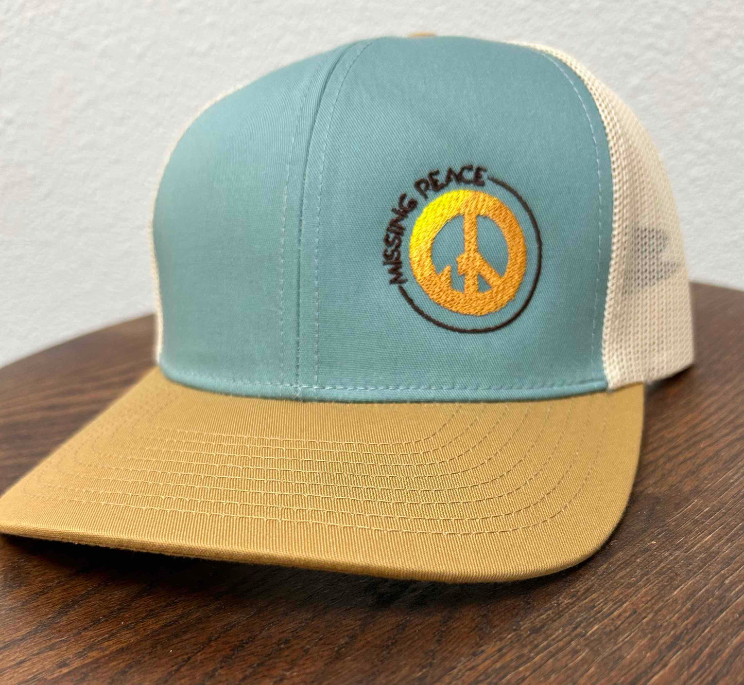 Embroidered Hat with Missing Peace 3 color logo  -Smoke Blue/Beige/AmberGold- Peace sign hat.