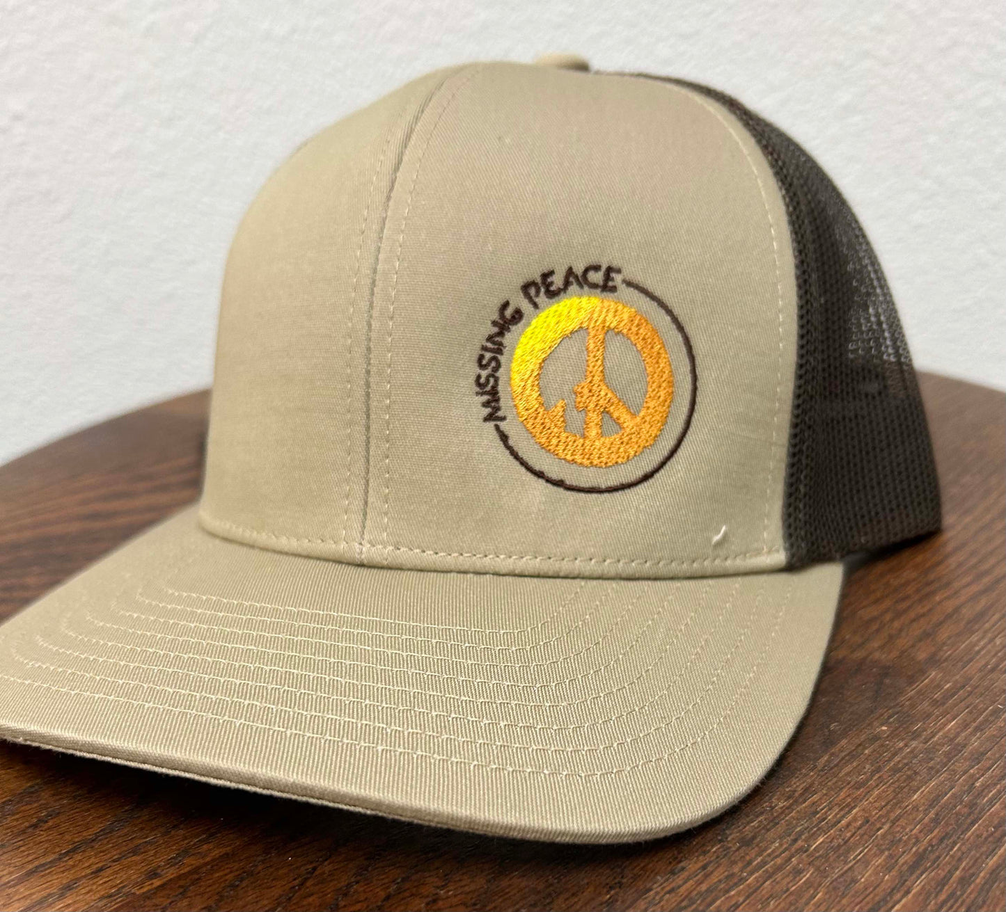 Embroidered Hat with Missing Peace 3 color logo - Khaki/Brown/Khaki -Peace sign hat